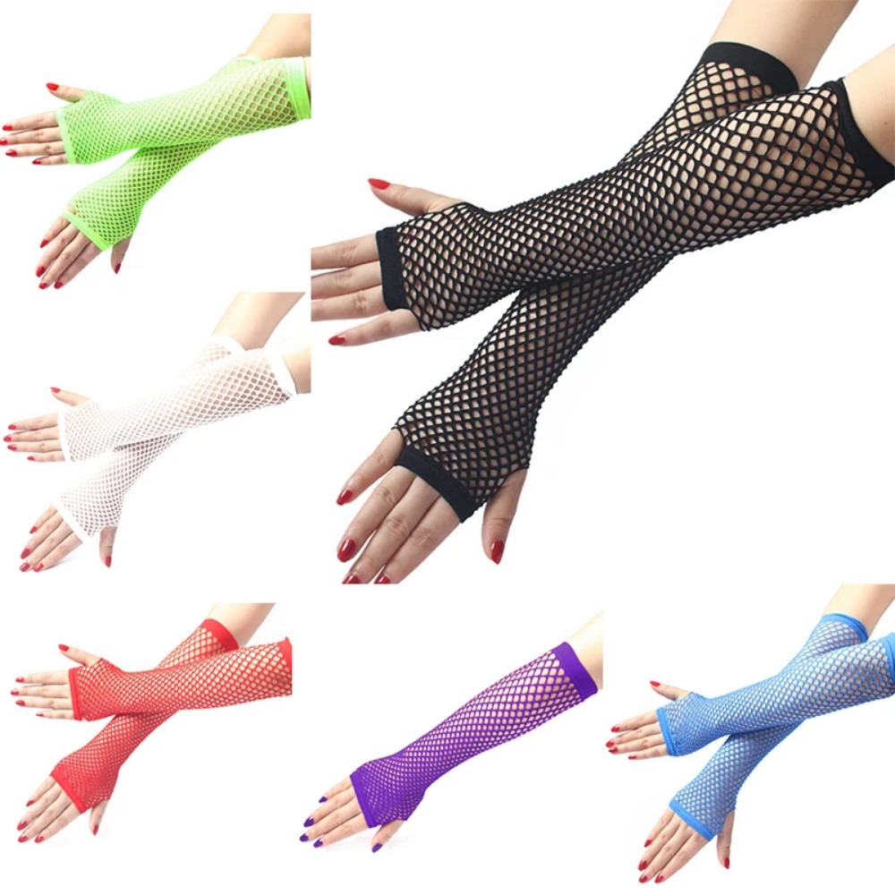 Fingerless Glove Knit - Neonowe siateczkowe długie rękawiczki bez palców
